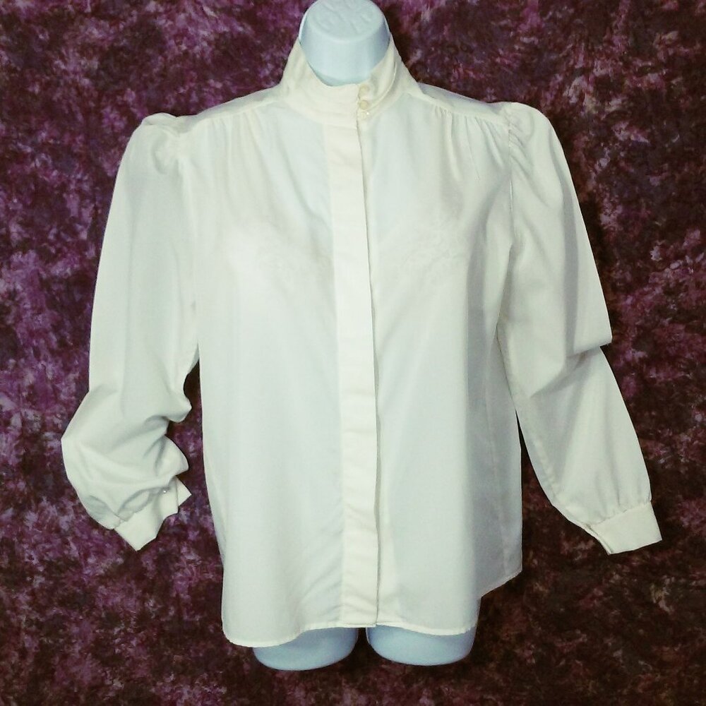 Vintage 80s Jonathan Logan Blouse Top -10 Buttons Pleats MockNeck Puff LSL Ivory